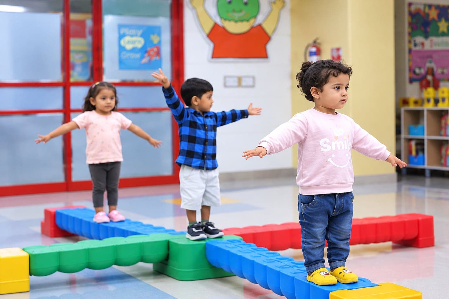 Toddlers balancing on a colourful play bridge