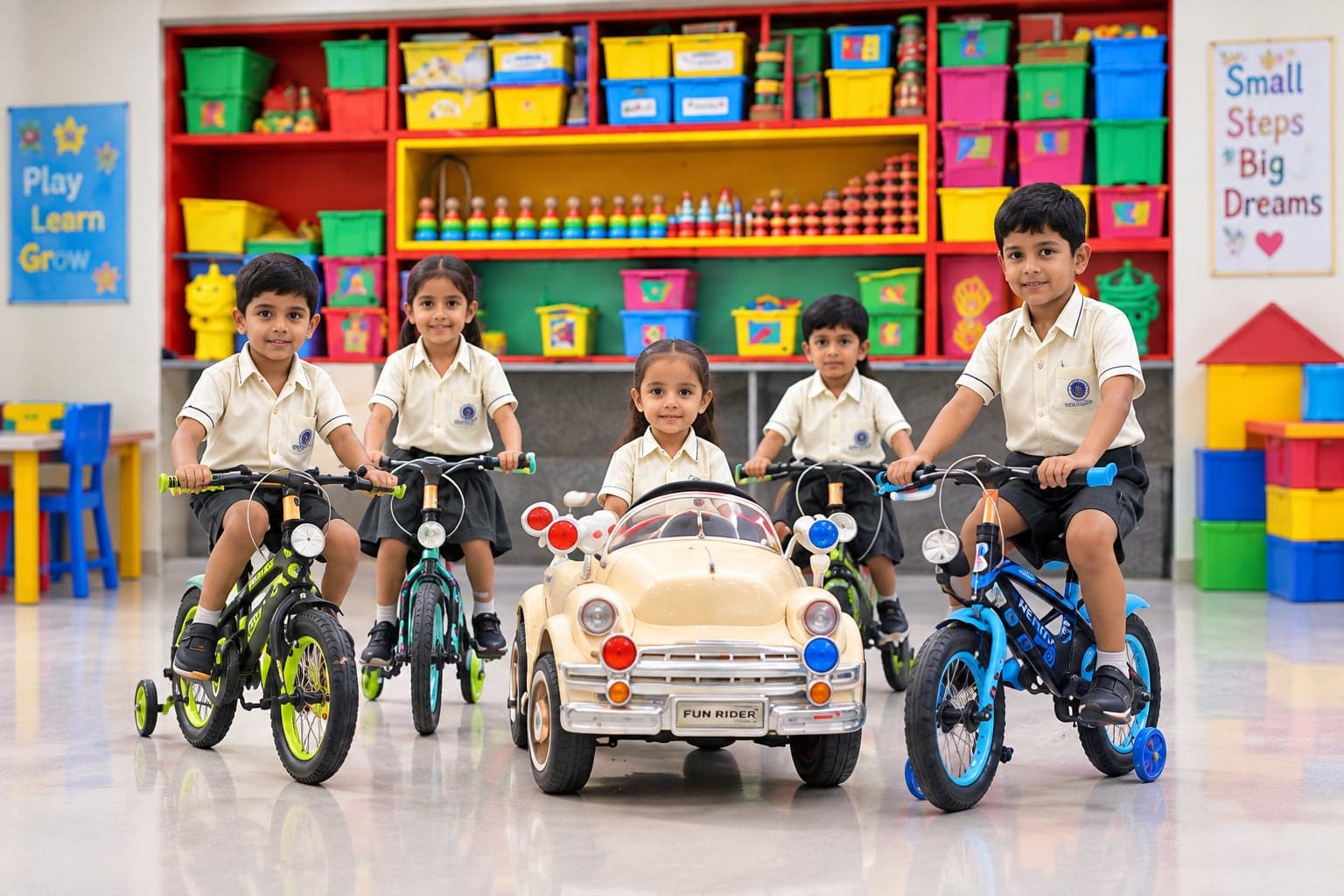 Primary children on bicycles and a toy car