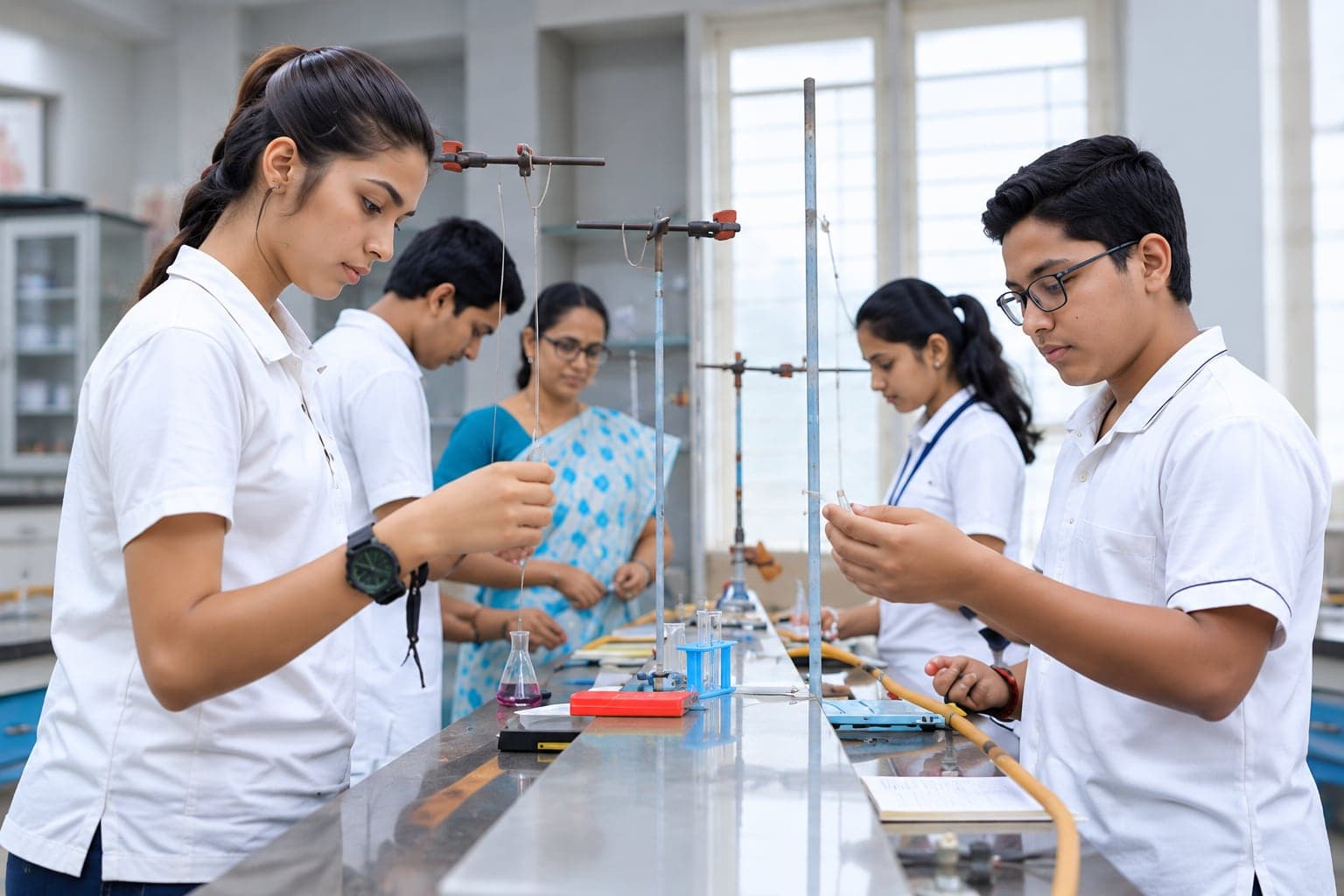Secondary students working in a science lab