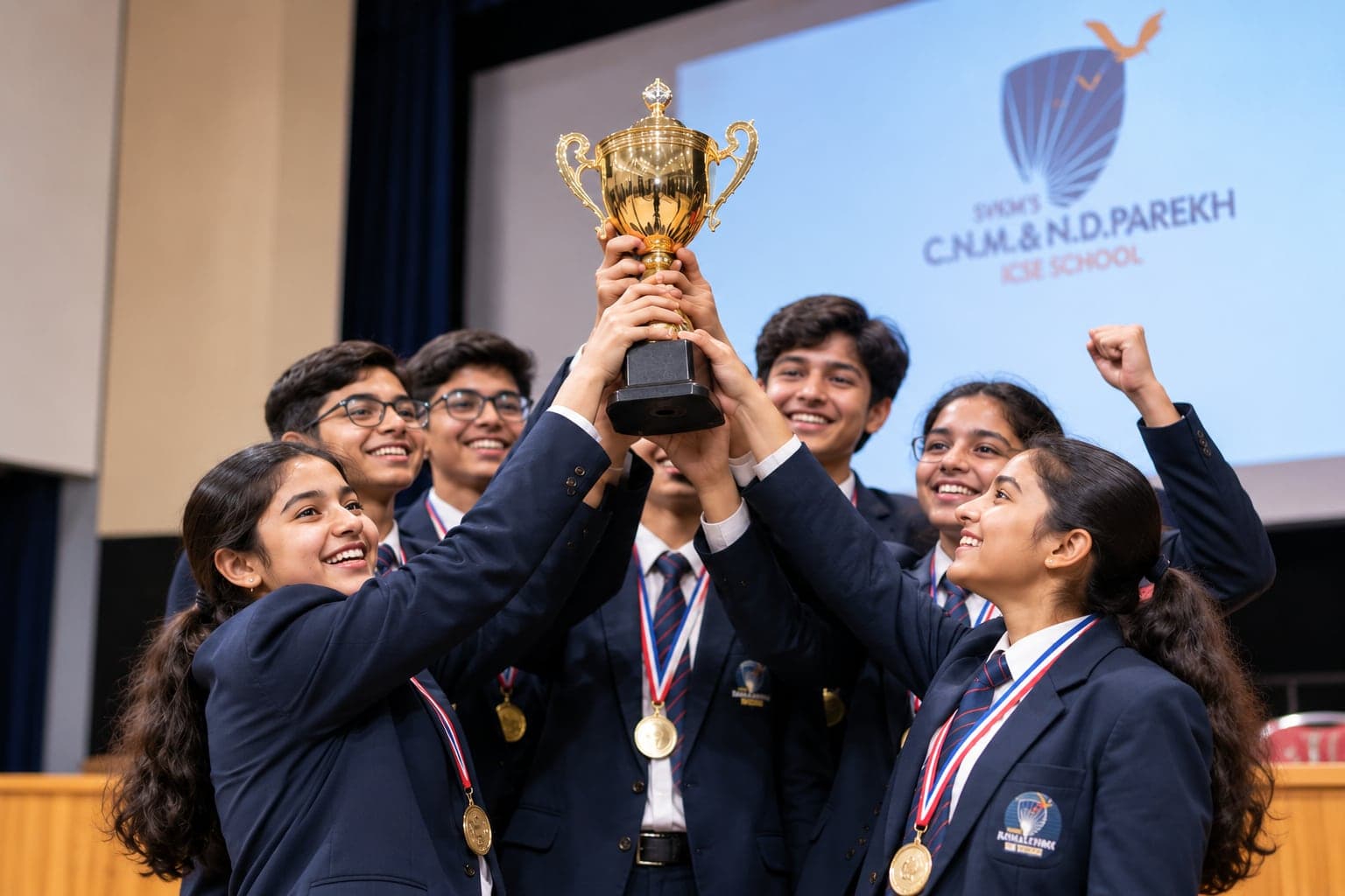 Students in blazers lifting a golden trophy together