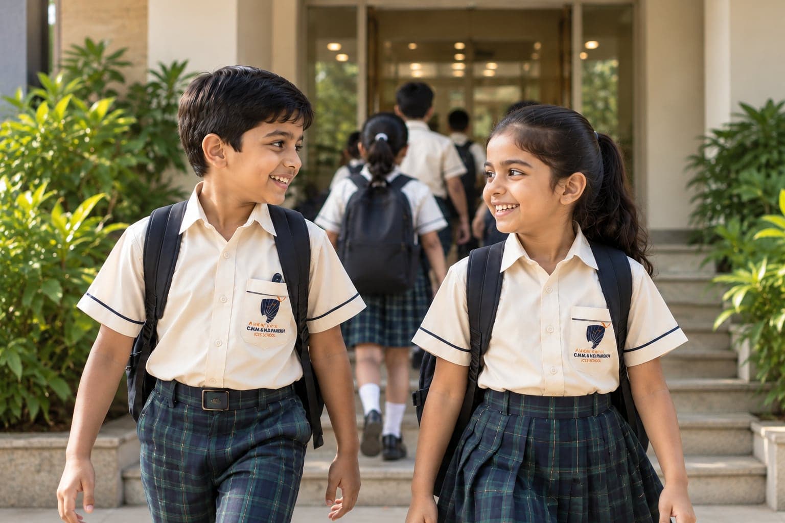 Two smiling students in school uniform walking into the school