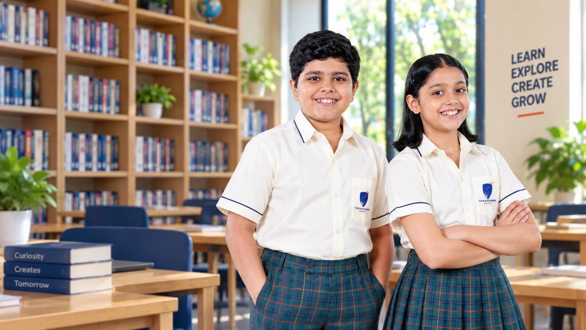 Two CNMS students smiling in the school library