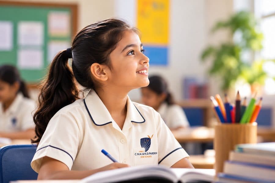 A young girl smiling in her classroom