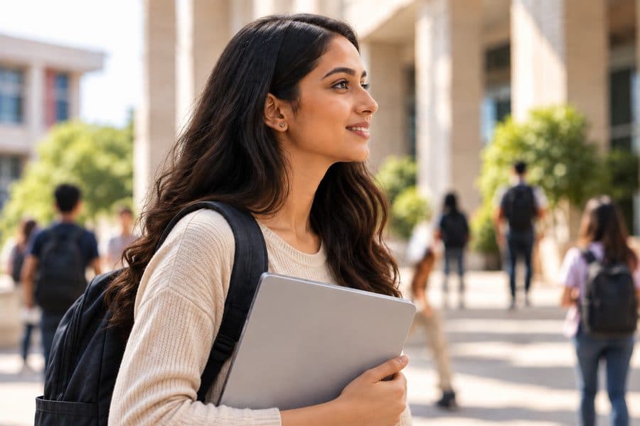A young professional walking on a college campus