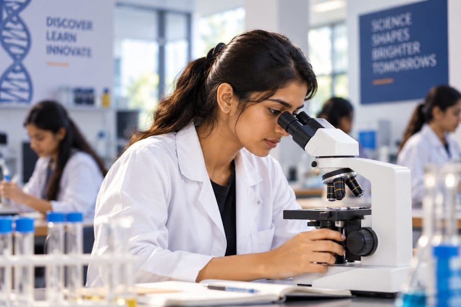A student examining a specimen through a microscope