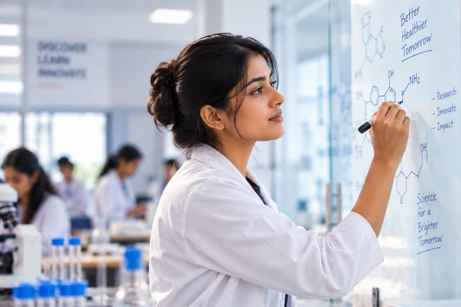 A researcher writing chemical structures on a glass board