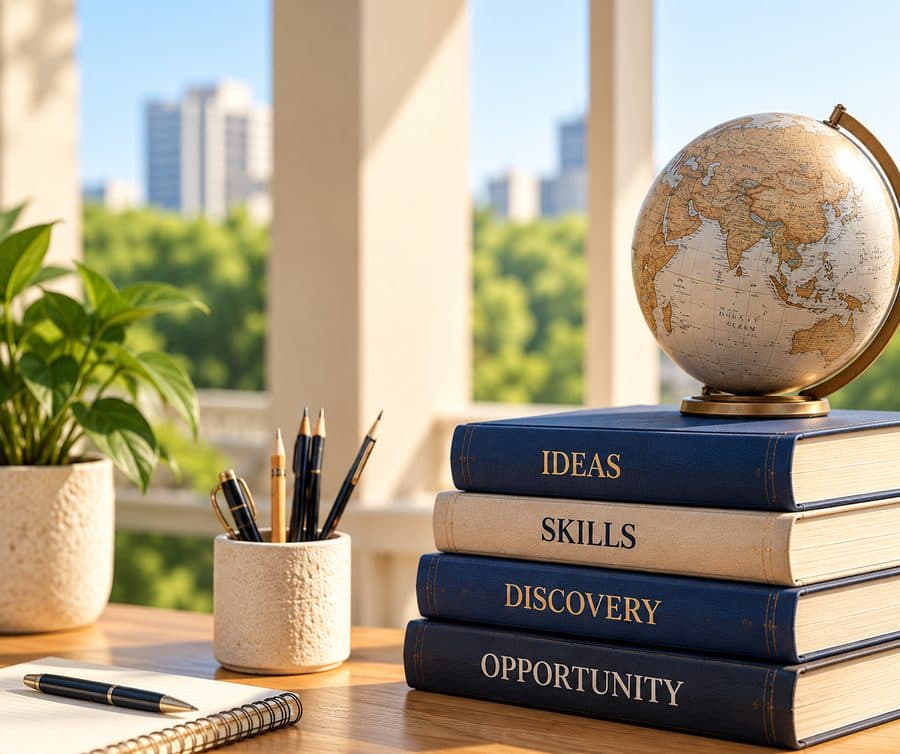 A stack of books labelled Ideas, Skills, Discovery and Opportunity, with a globe on top