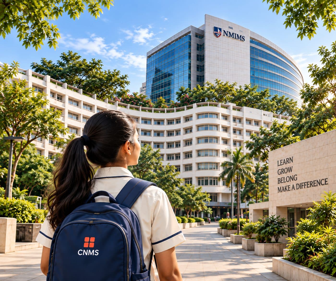 A CNMS student looking up at the NMIMS building on the SVKM campus