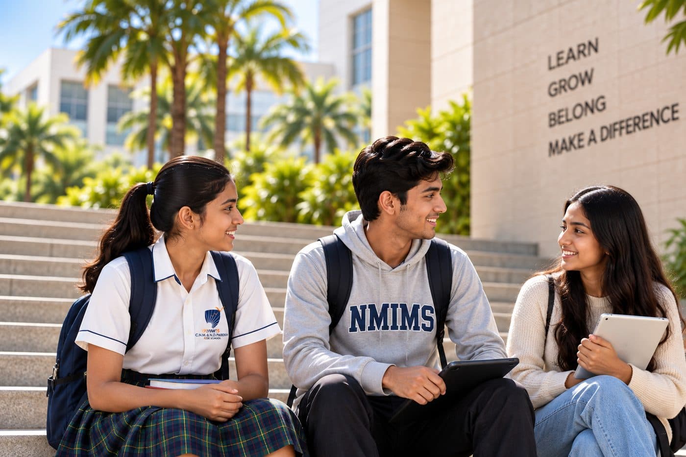 Three students chatting on the steps outside an NMIMS building