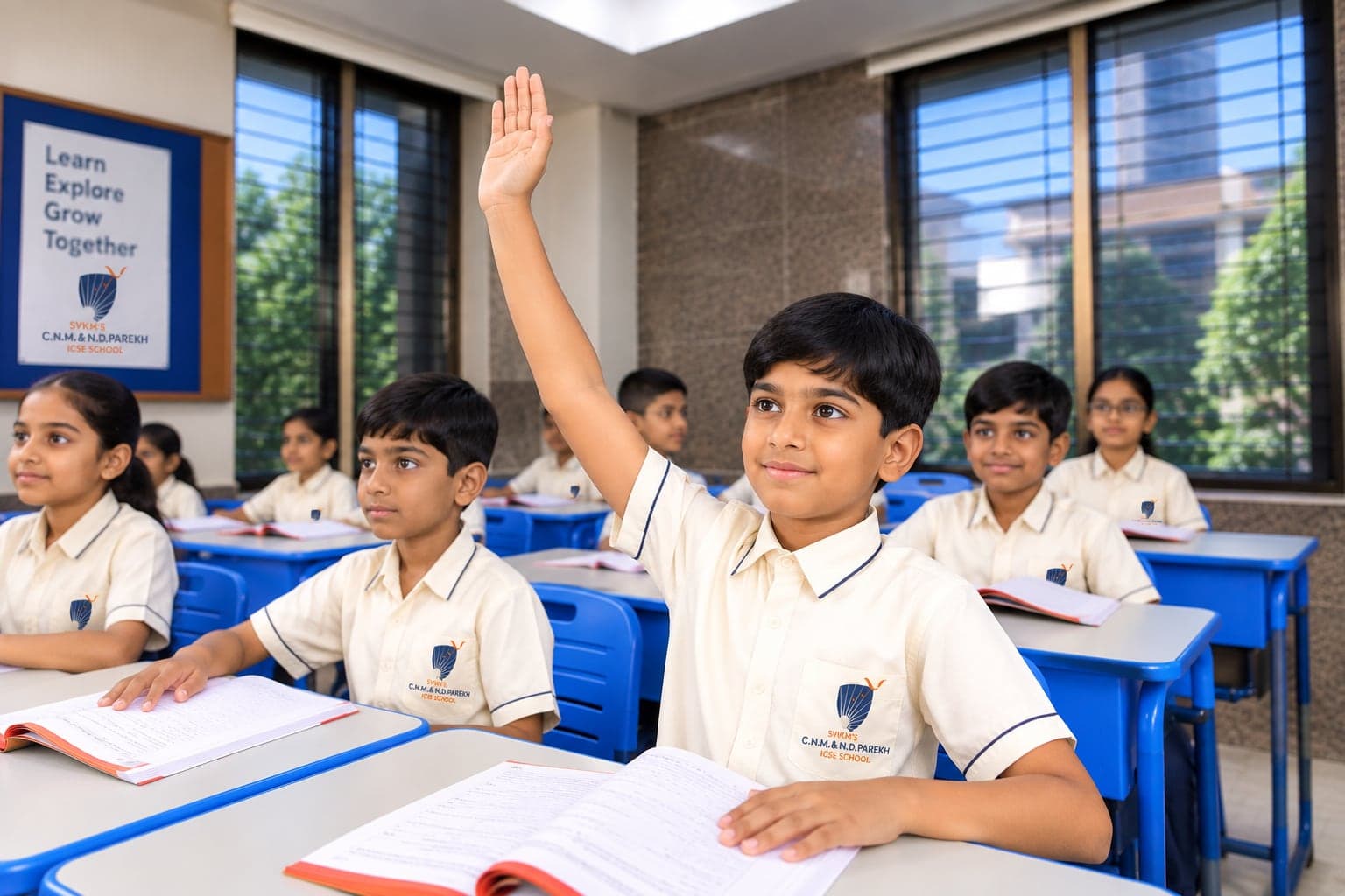 A student raising his hand in a classroom