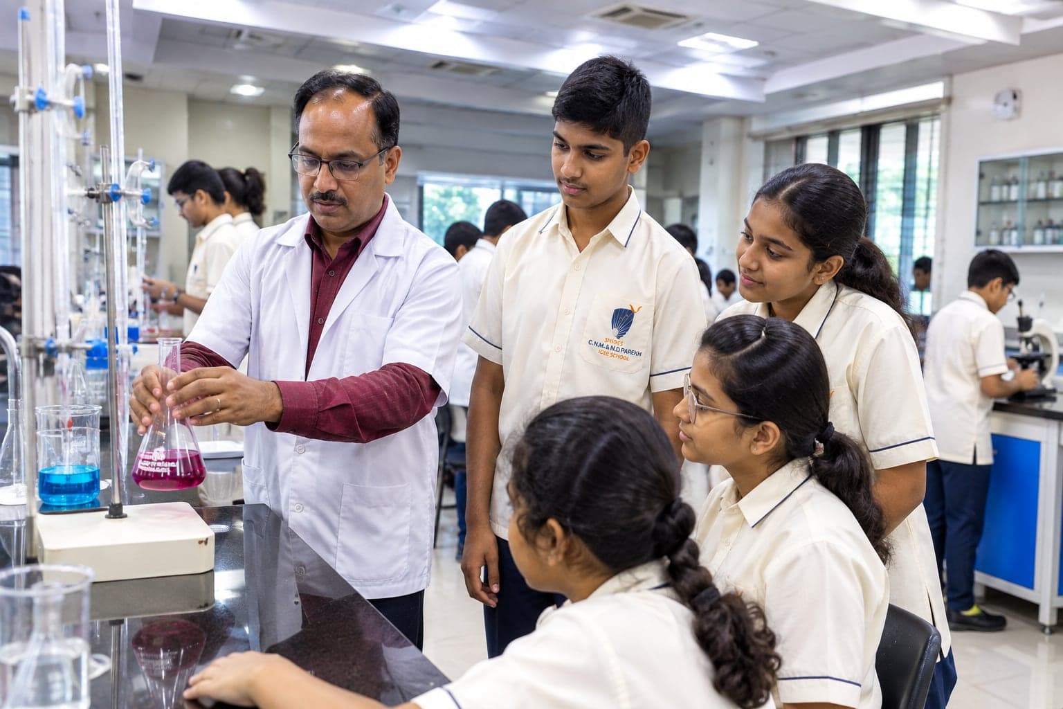 Students and a teacher doing a lab experiment