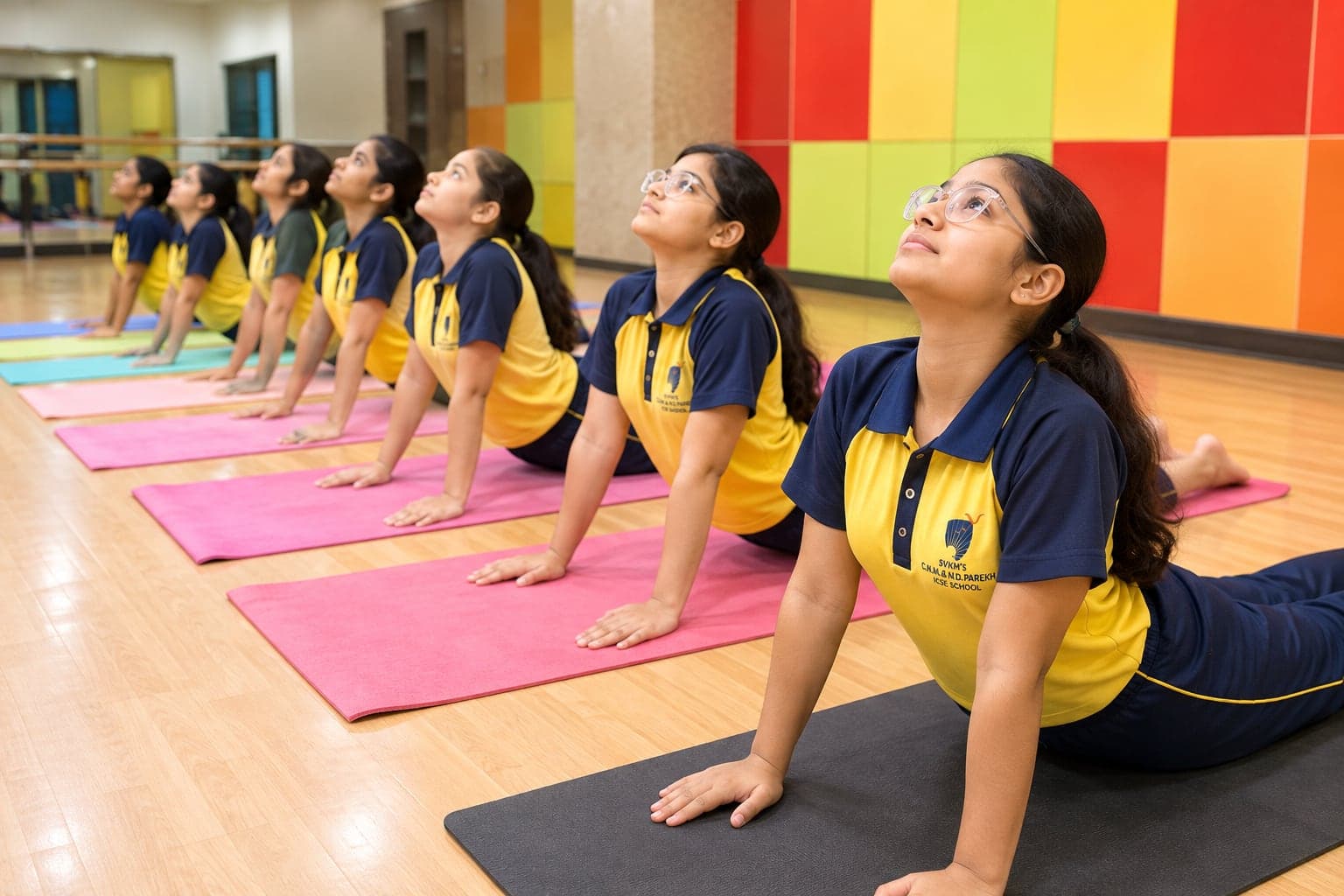 Students doing yoga on mats