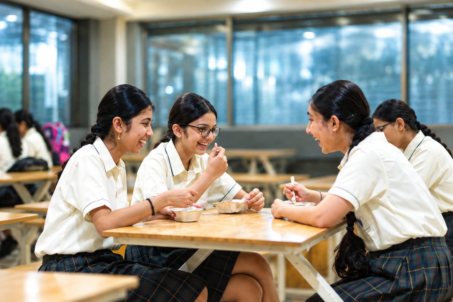 Students chatting over lunch in the cafeteria
