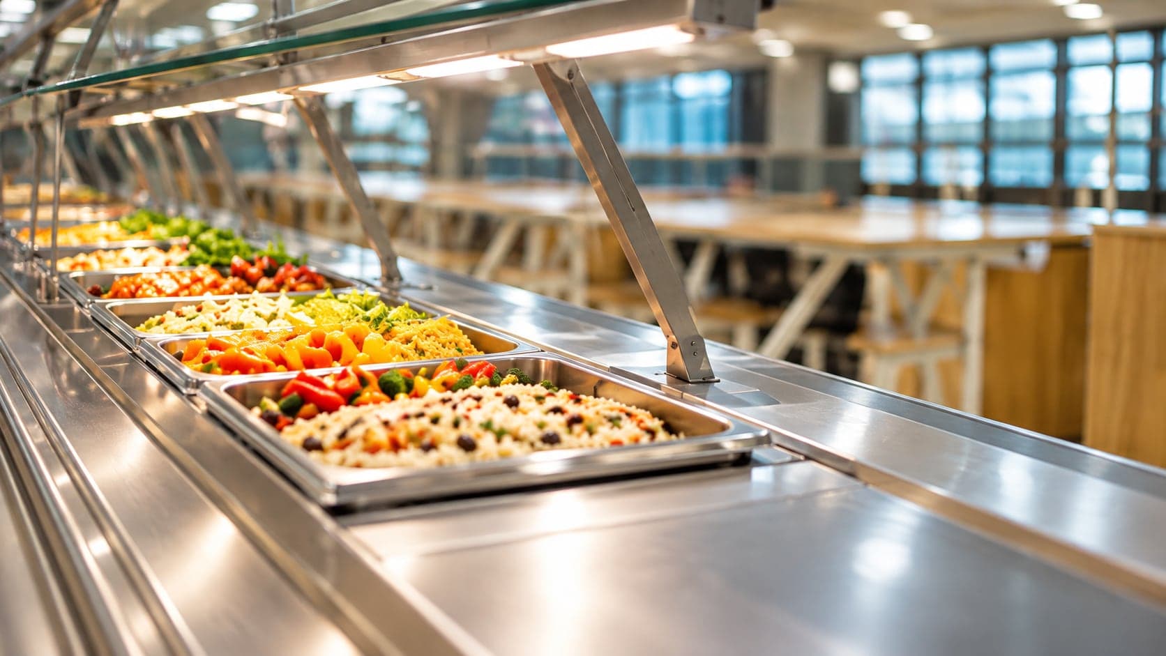 The cafeteria serving counter with fresh food