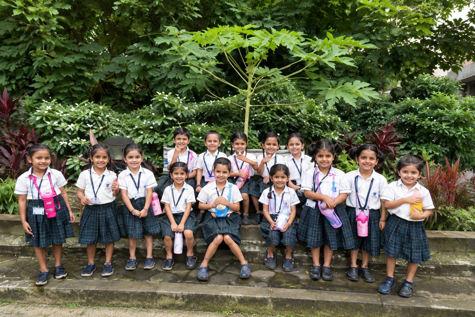 Young students sitting among plants