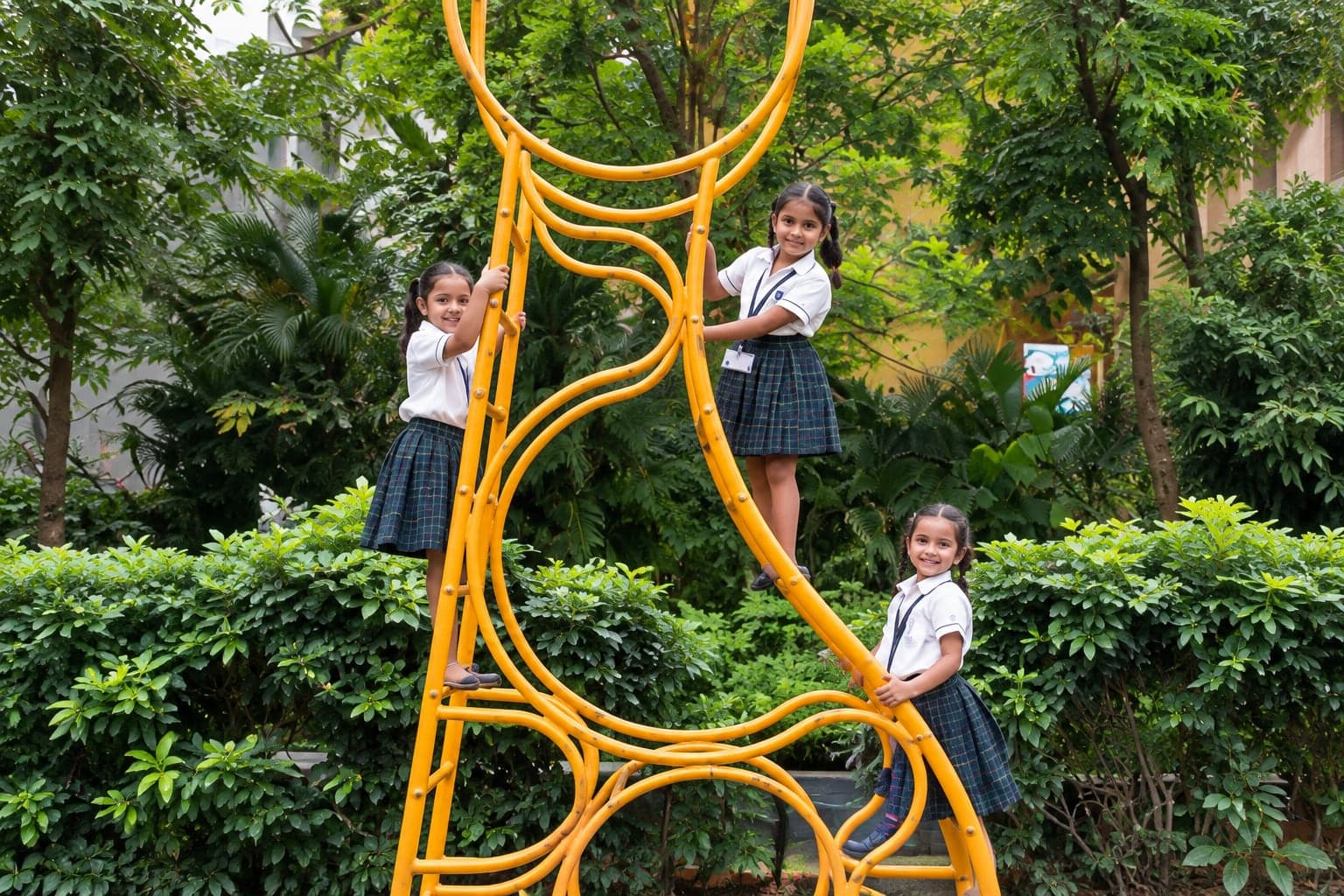 Students playing on a yellow climbing frame in a garden