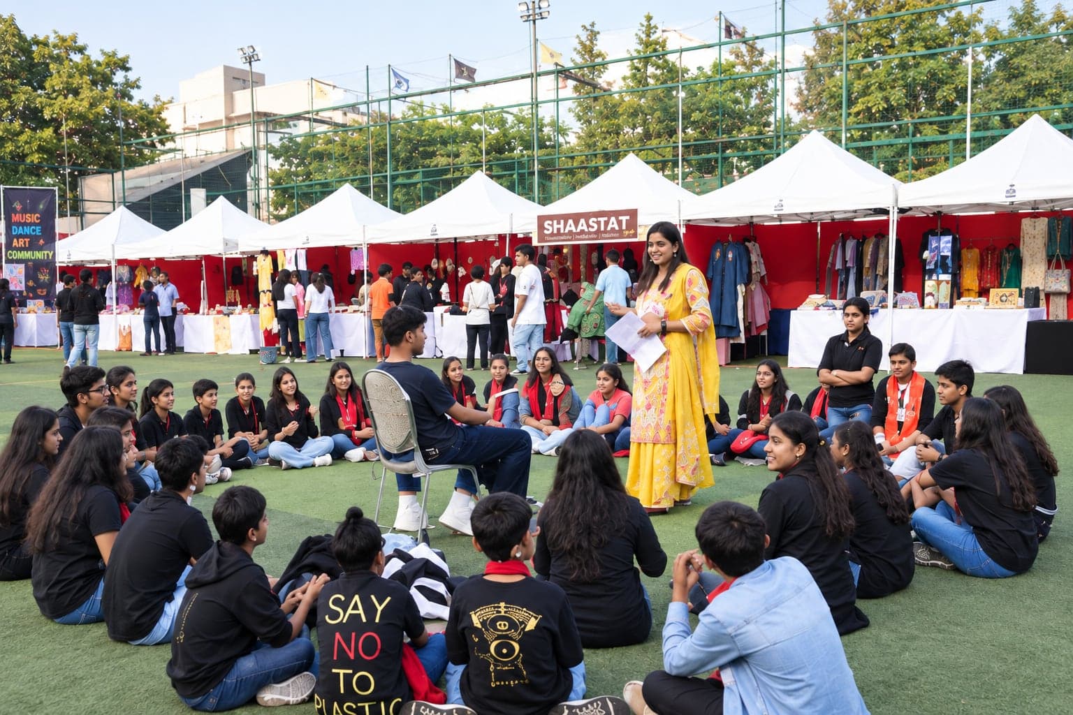 Students sitting in a circle at the Sanskritik Sangam Mela