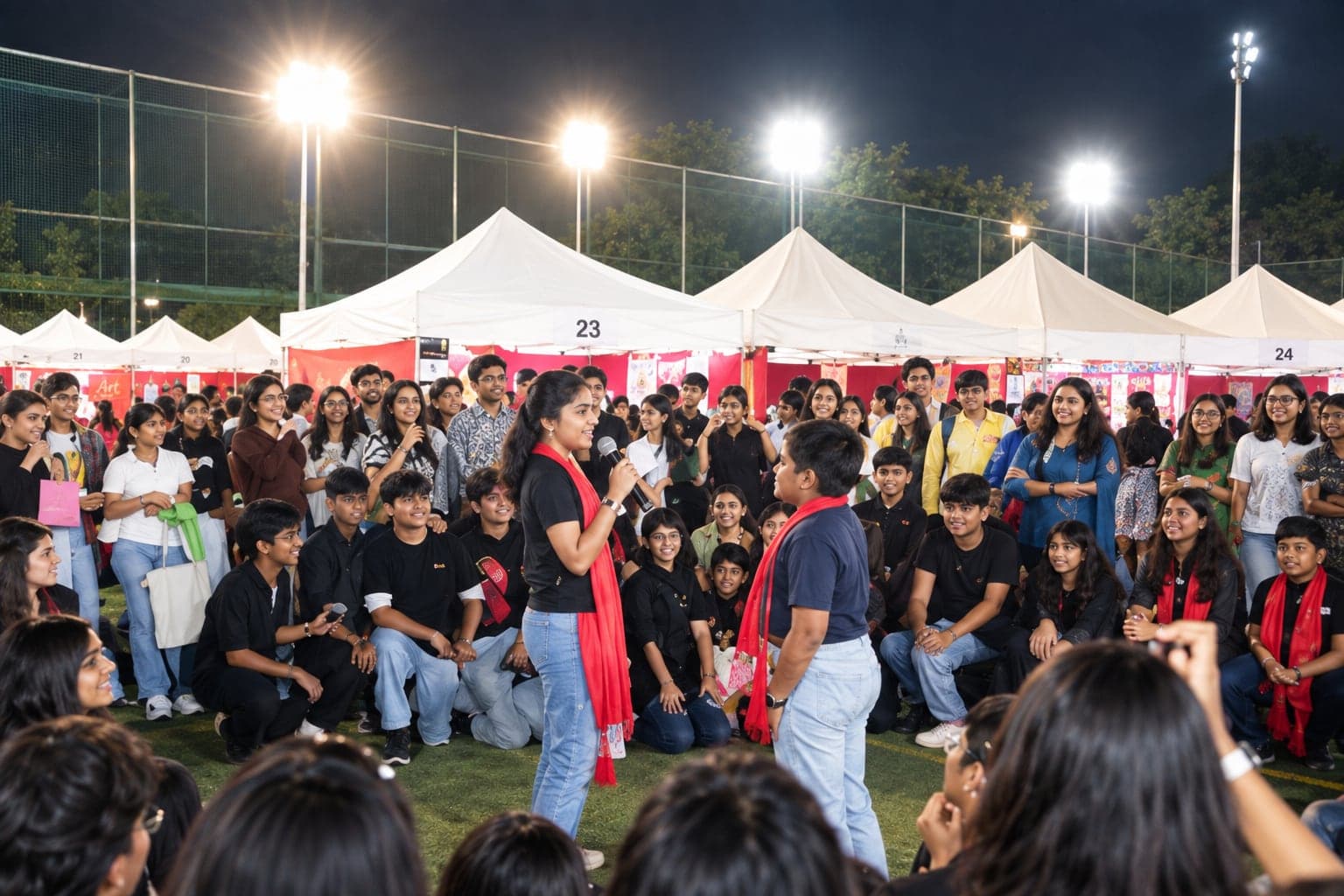 A crowd of students at the fair in the evening