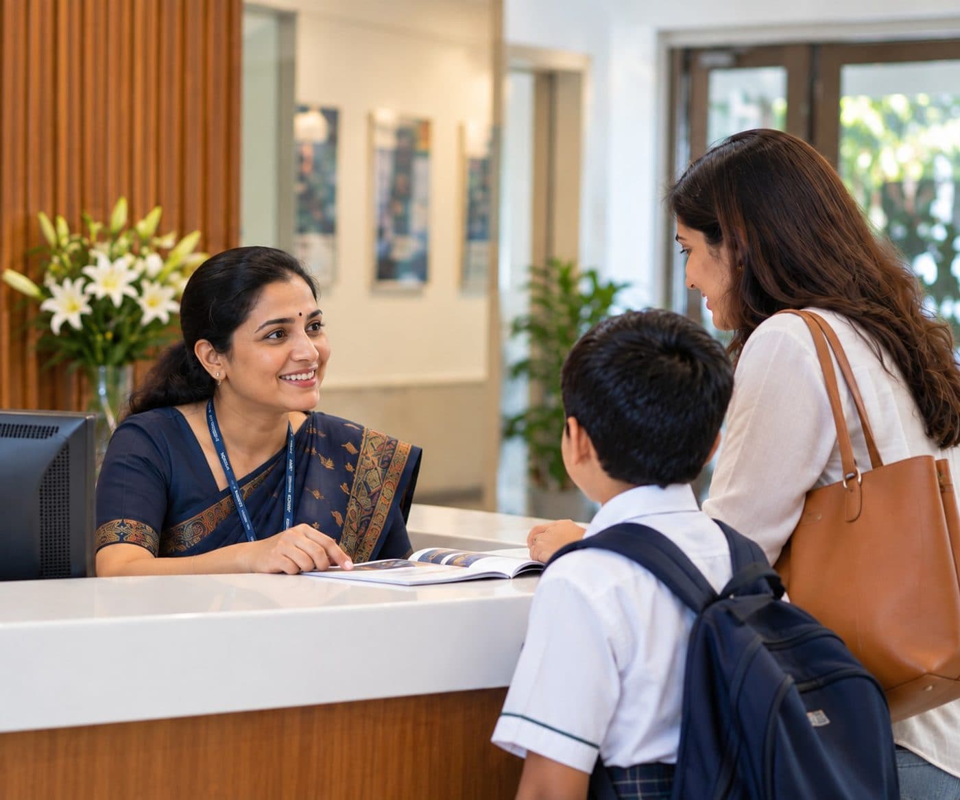 A receptionist helping a parent and student at the school's front desk