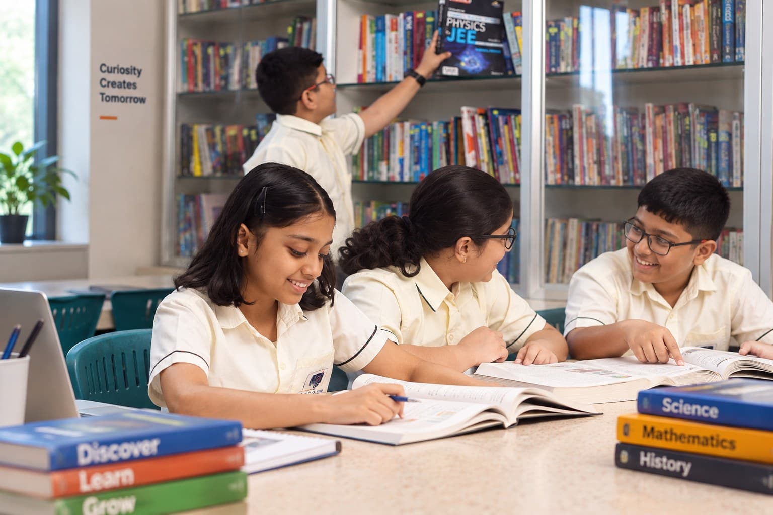 Students collaborating over a book