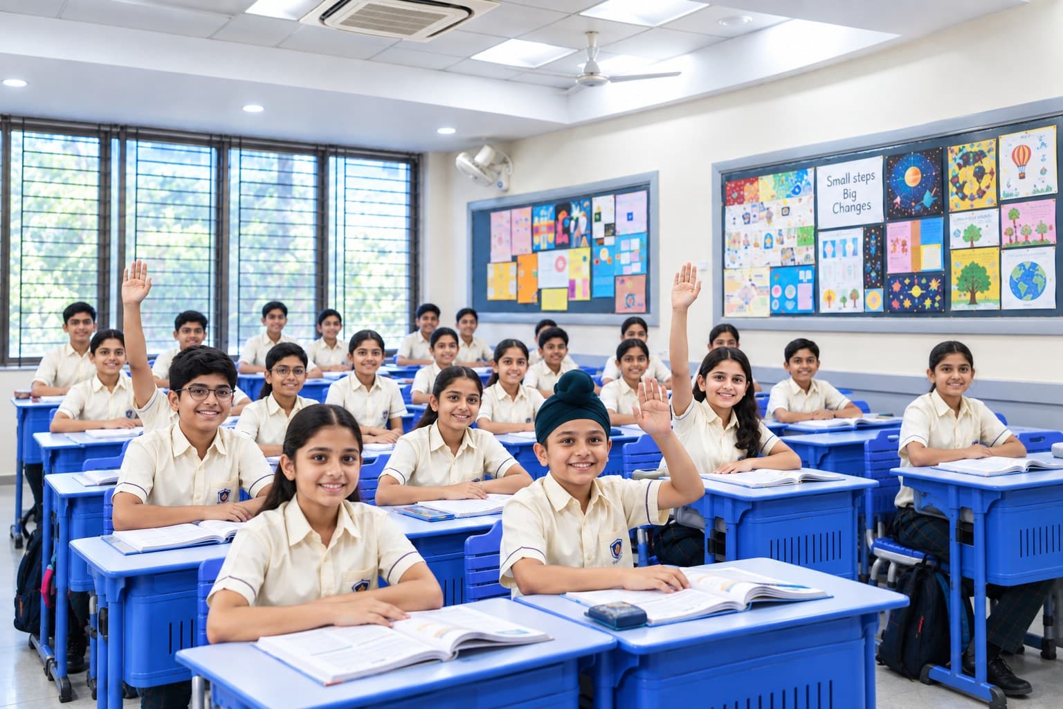 A teacher with a smiling classroom of students raising their hands