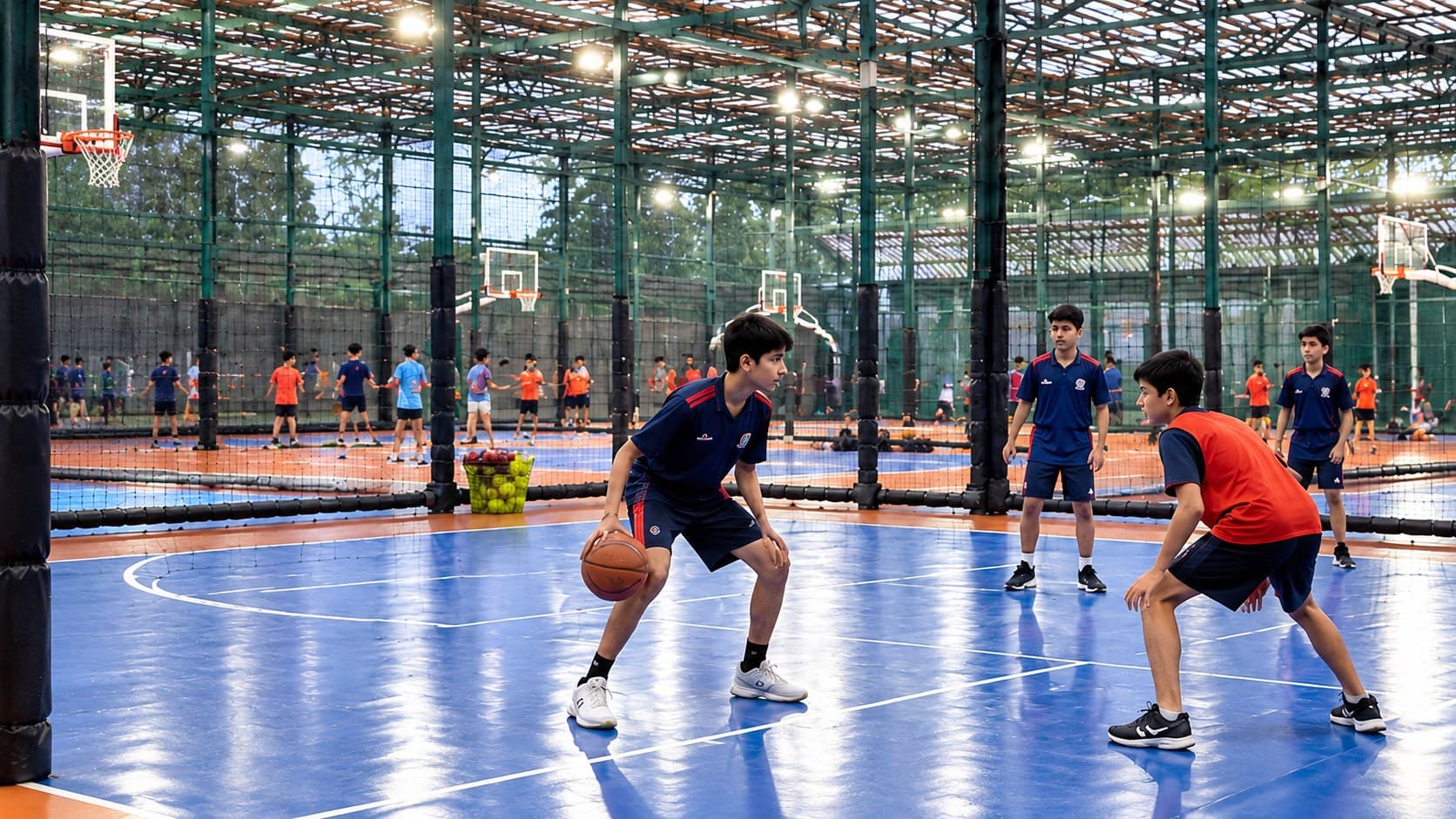 Students playing basketball at the SVKM sports arena