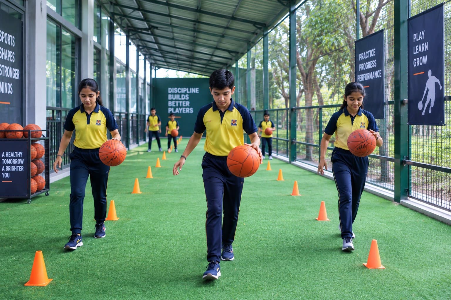 Students practising basketball drills
