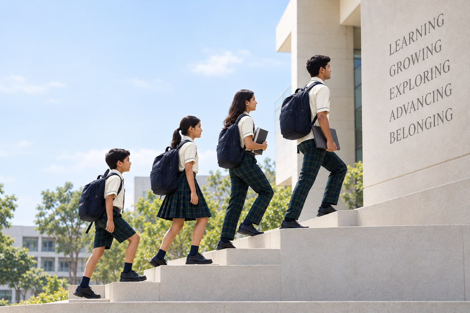 Students of different ages climbing a staircase