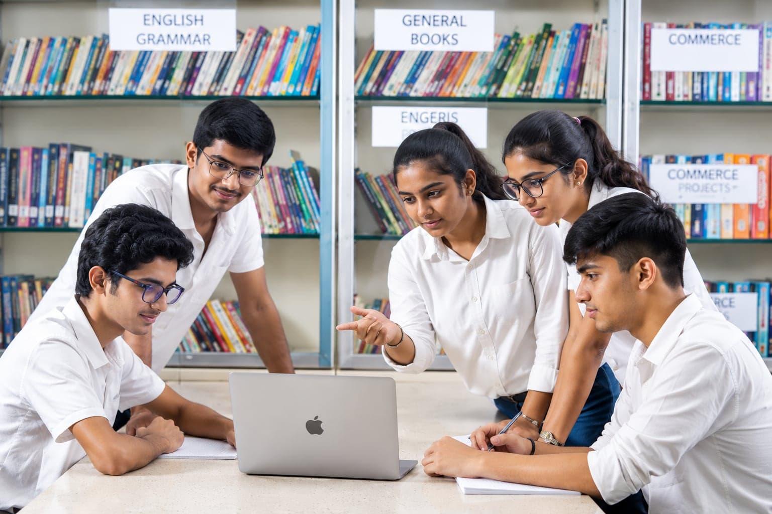 ISC students working together around a laptop in the library