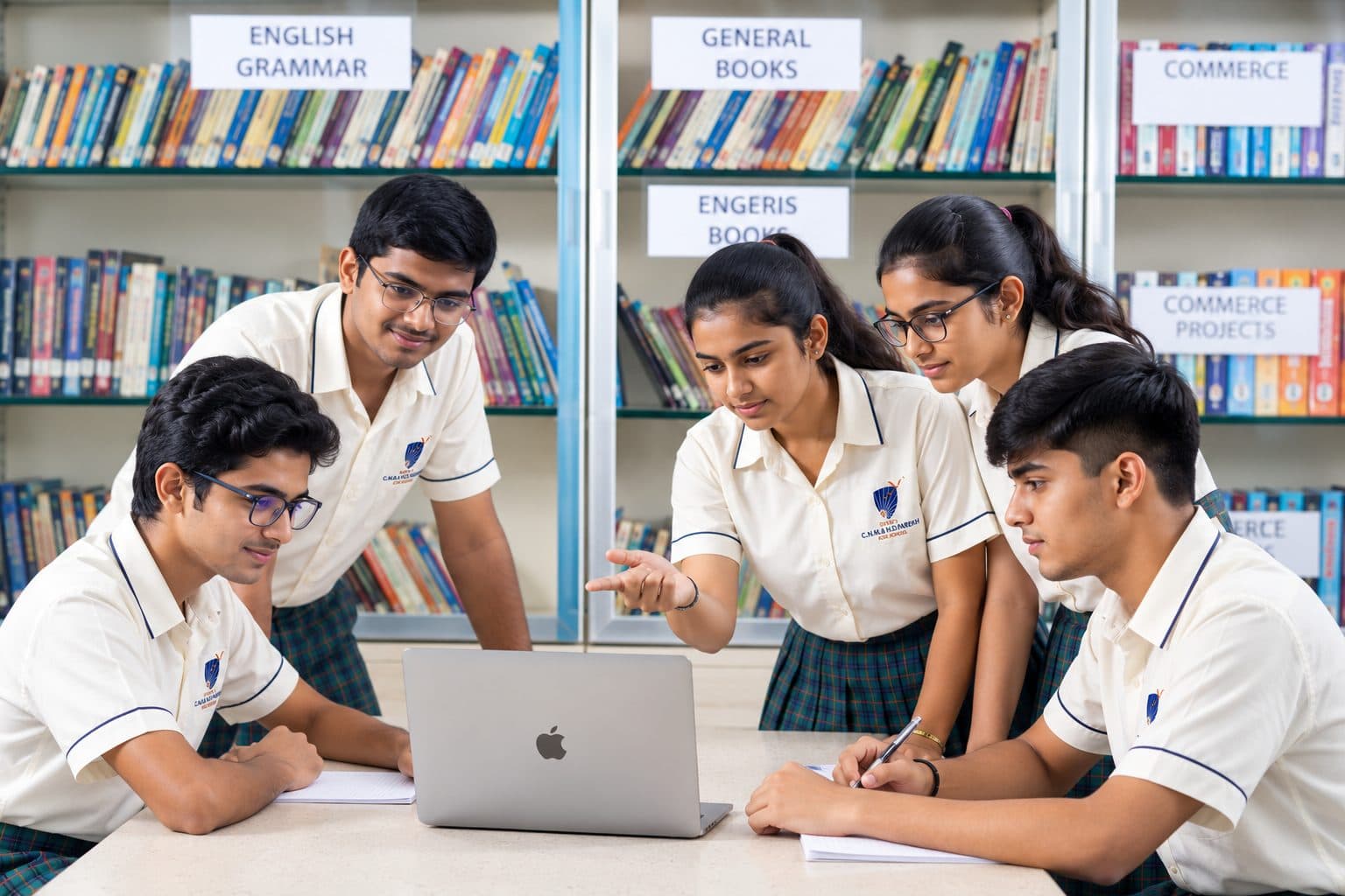 ISC students working together around a laptop in the library