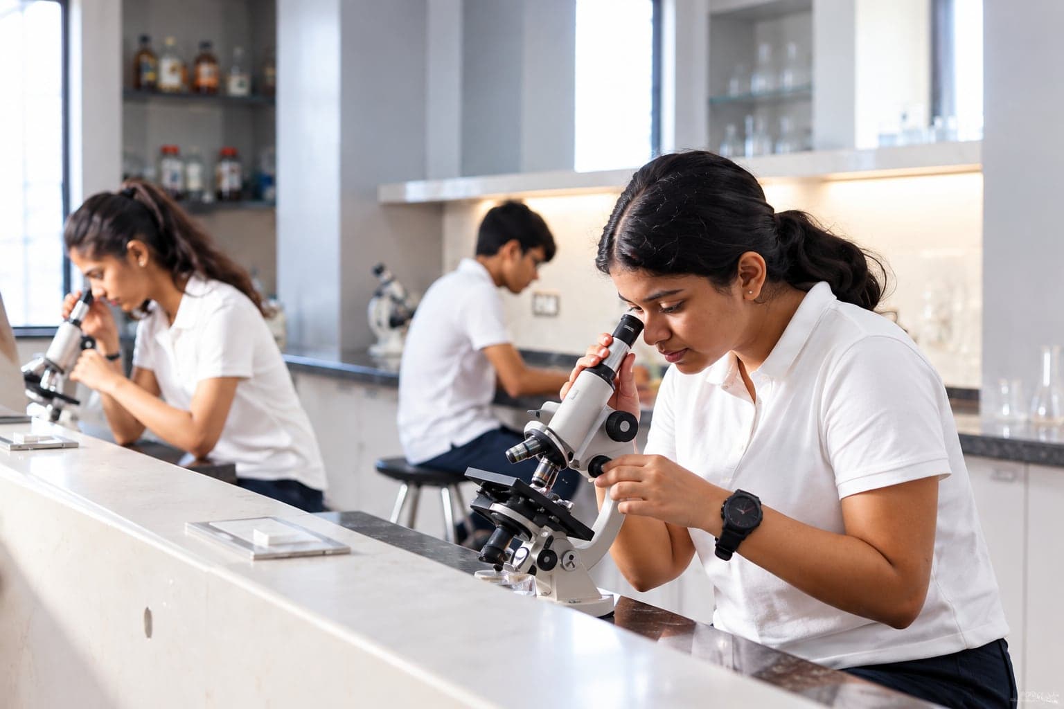 An ISC student using a microscope in the laboratory