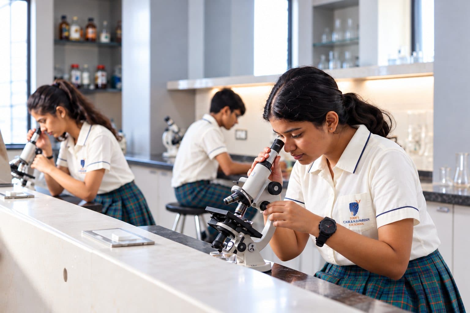 An ISC student using a microscope in the laboratory