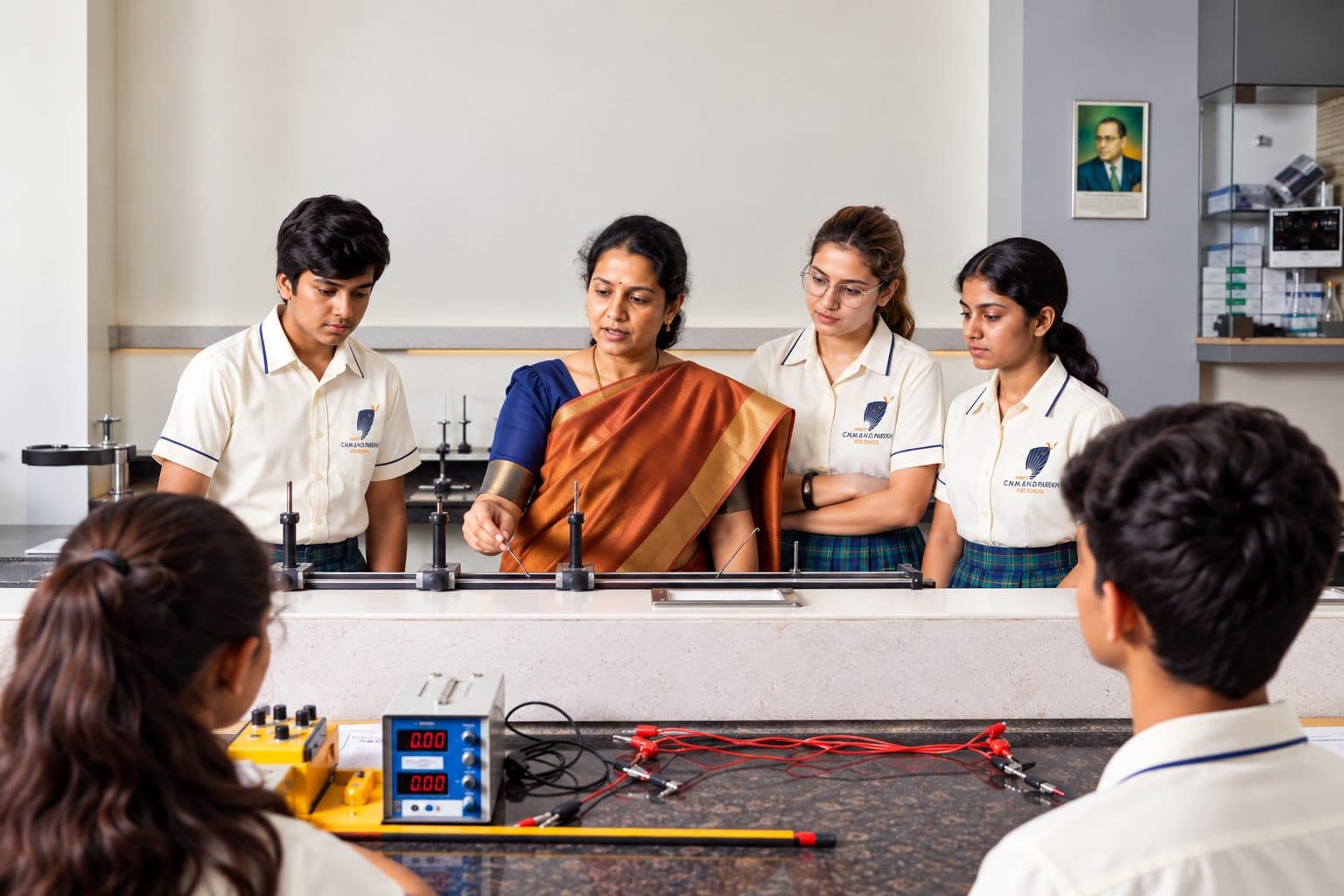 An ISC teacher guiding students during a physics experiment