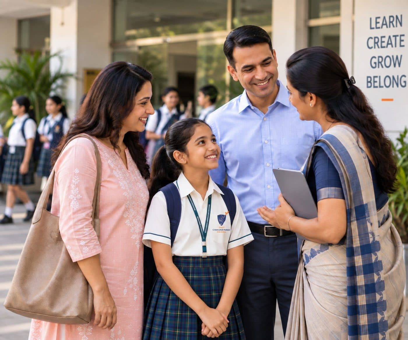 Parents and a student talking with a teacher outside the school