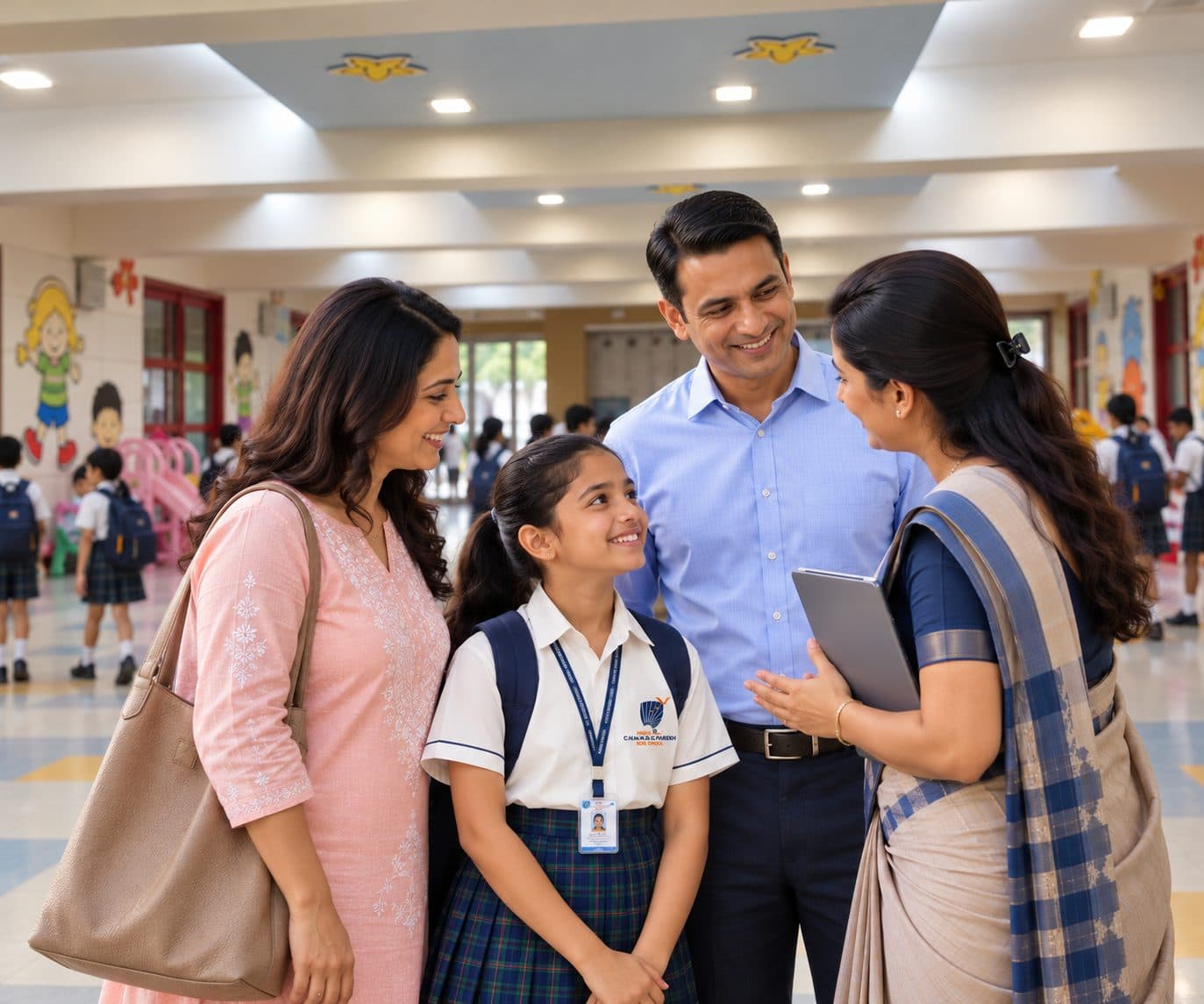 Parents and a student talking with a teacher outside the school