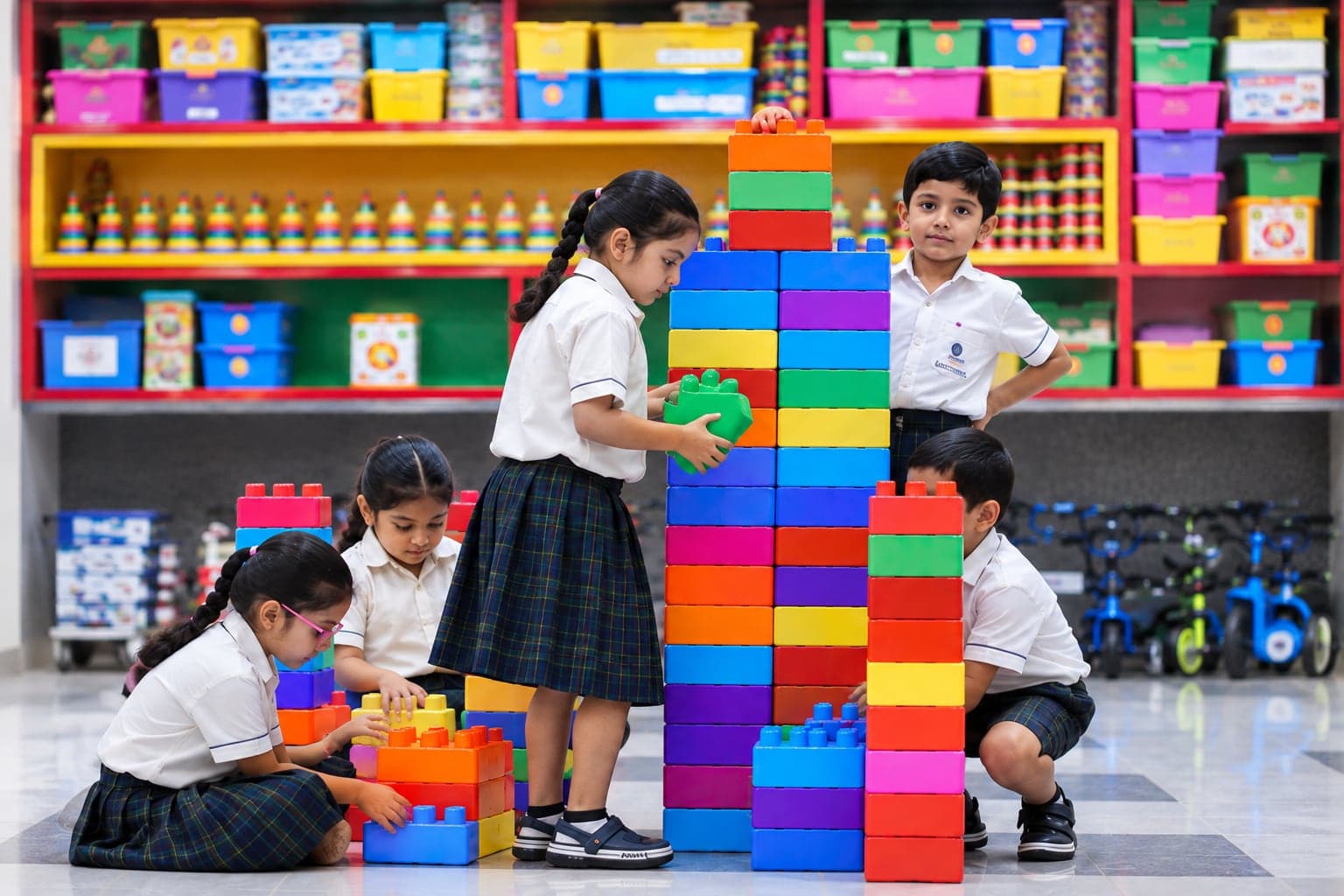 Primary students building a tall tower with colourful blocks