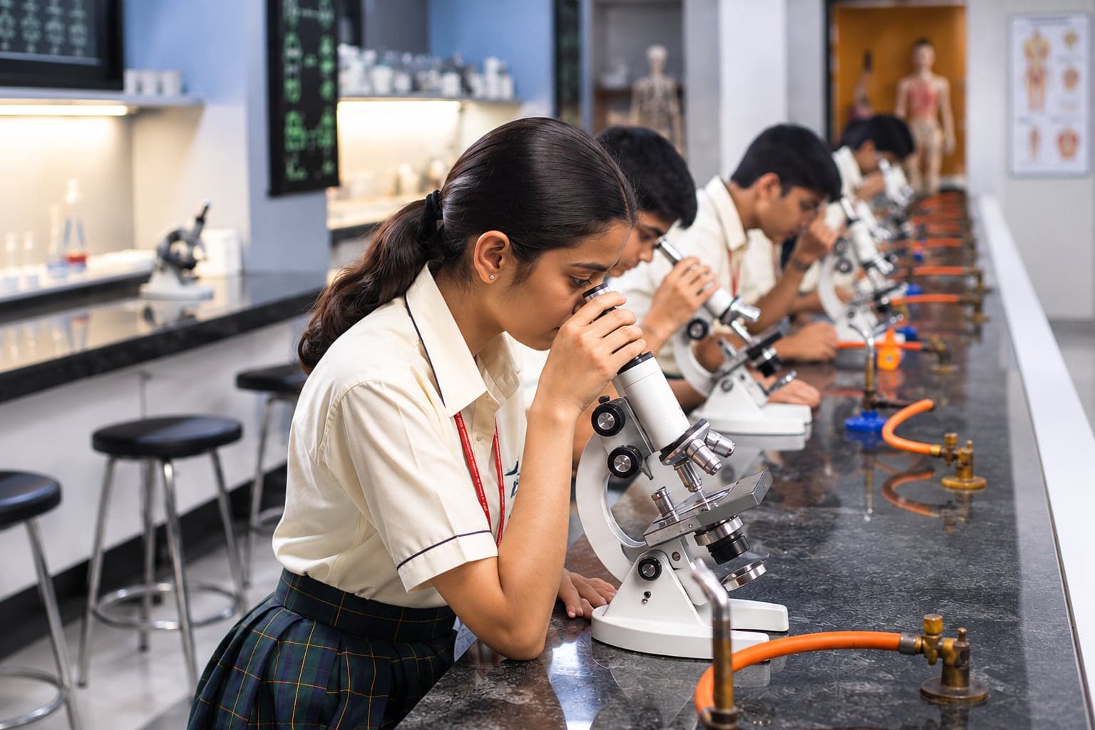 A Secondary student looking through a microscope in the science lab