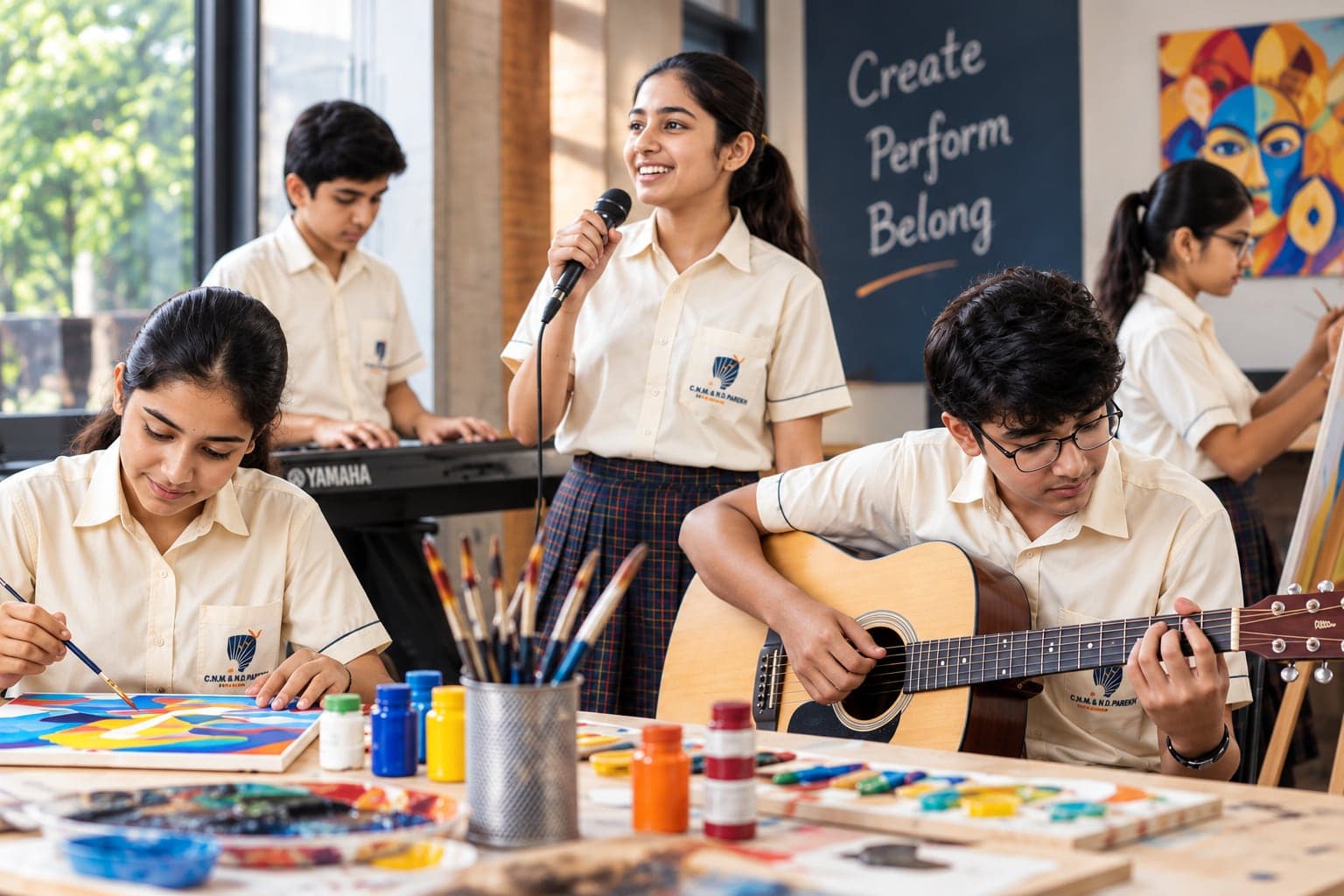 Students painting, playing guitar and singing in a creative space