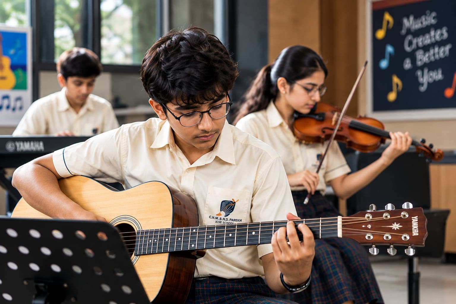 A student playing guitar with a violinist behind