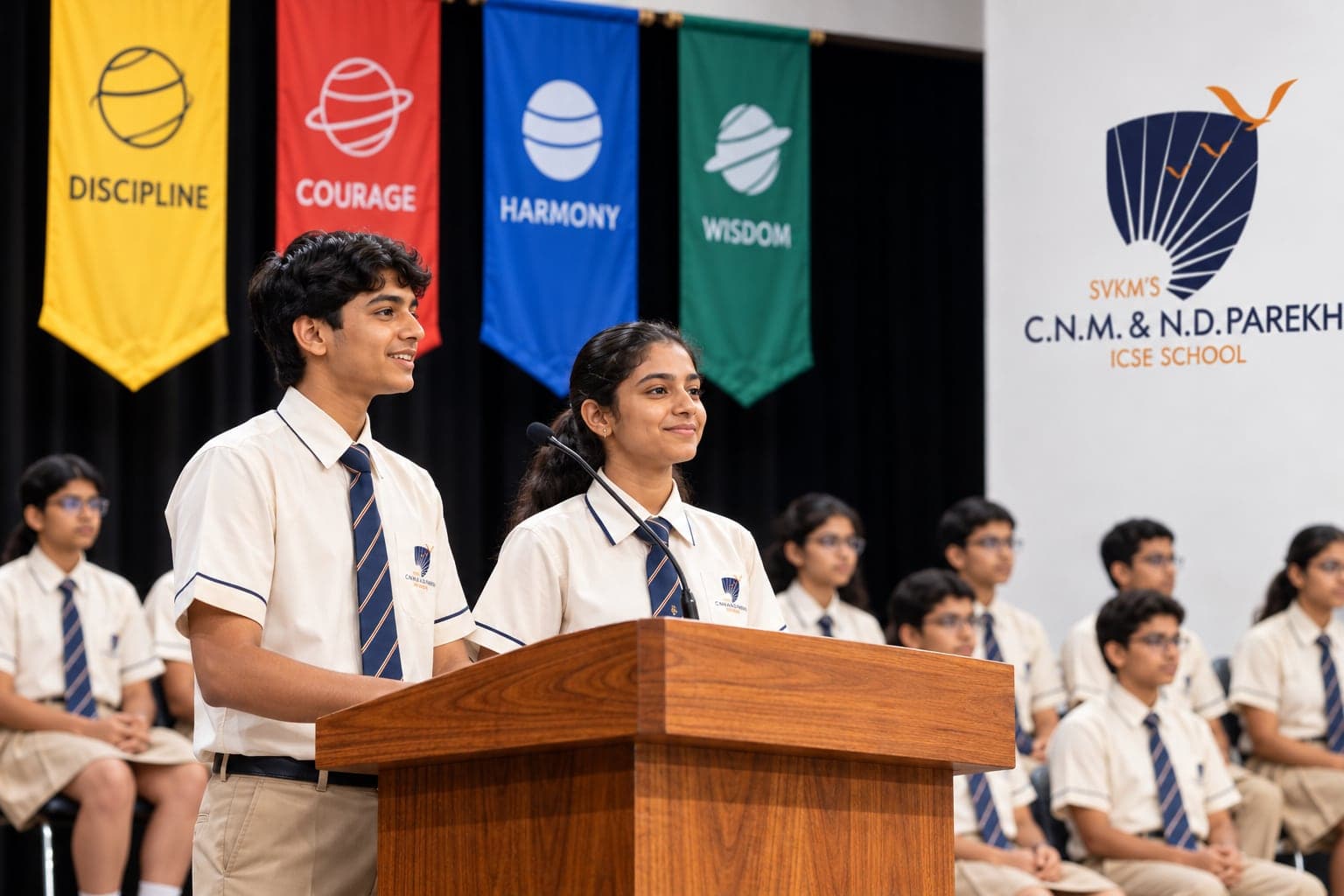Two student leaders at a podium in front of the four house banners