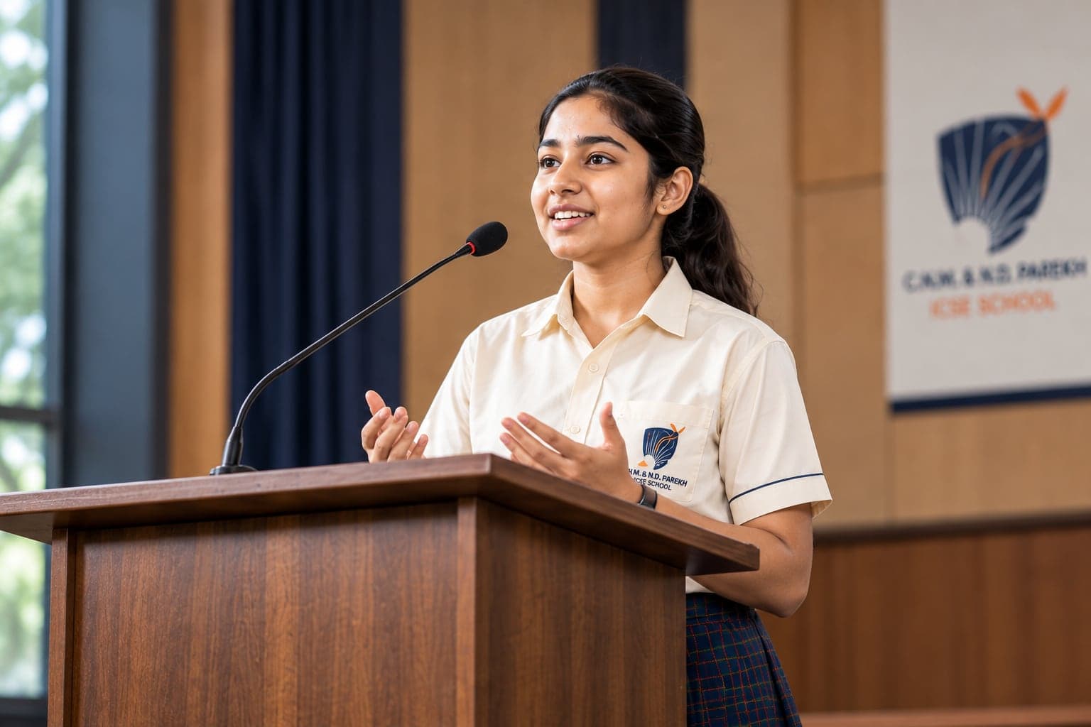 A student speaking at a podium