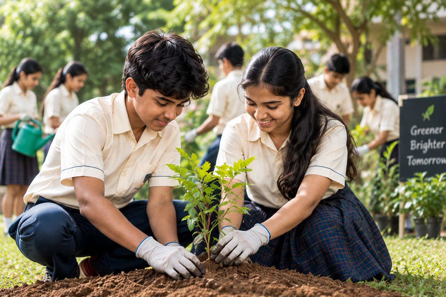 Students planting a sapling