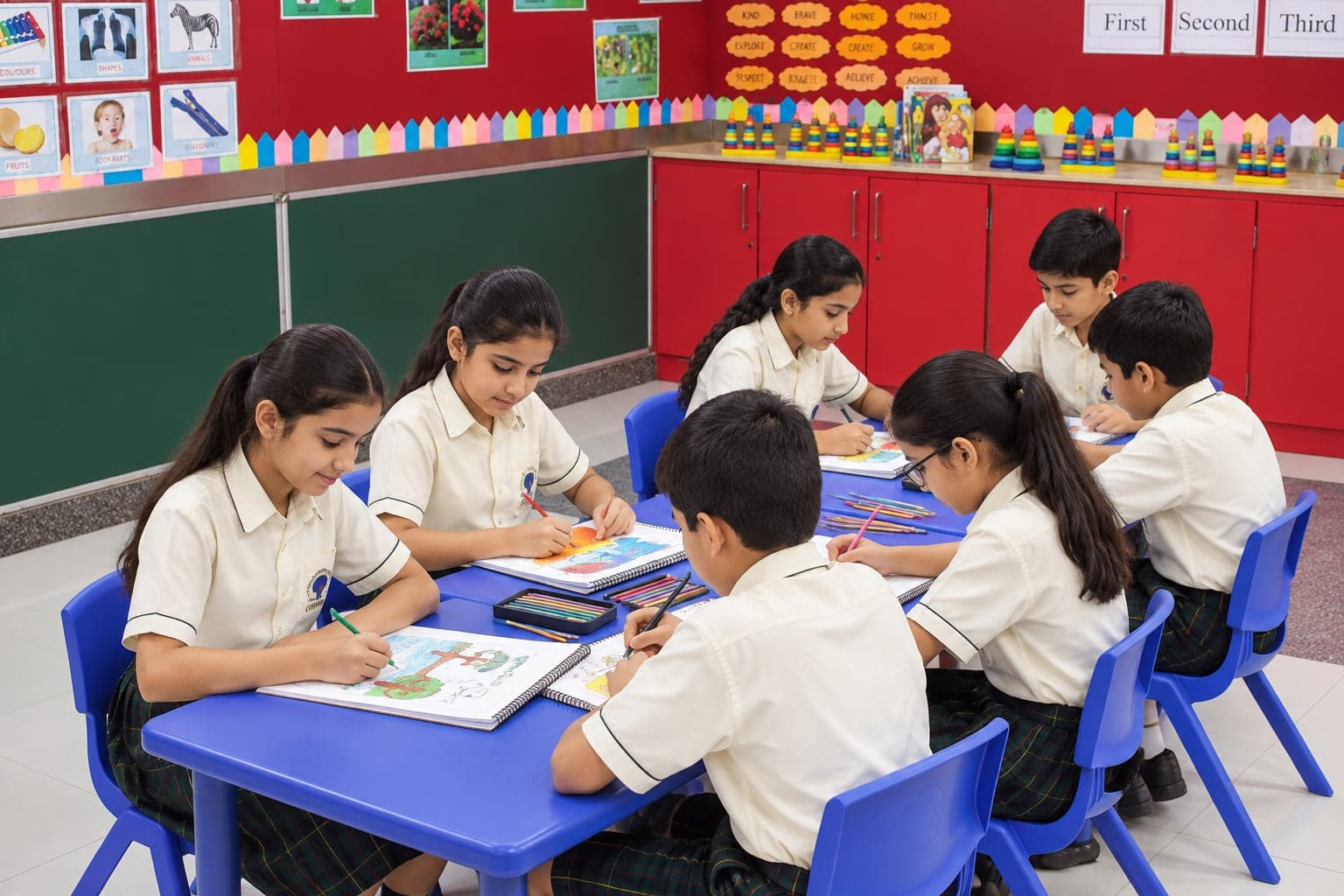 Students drawing at an art table