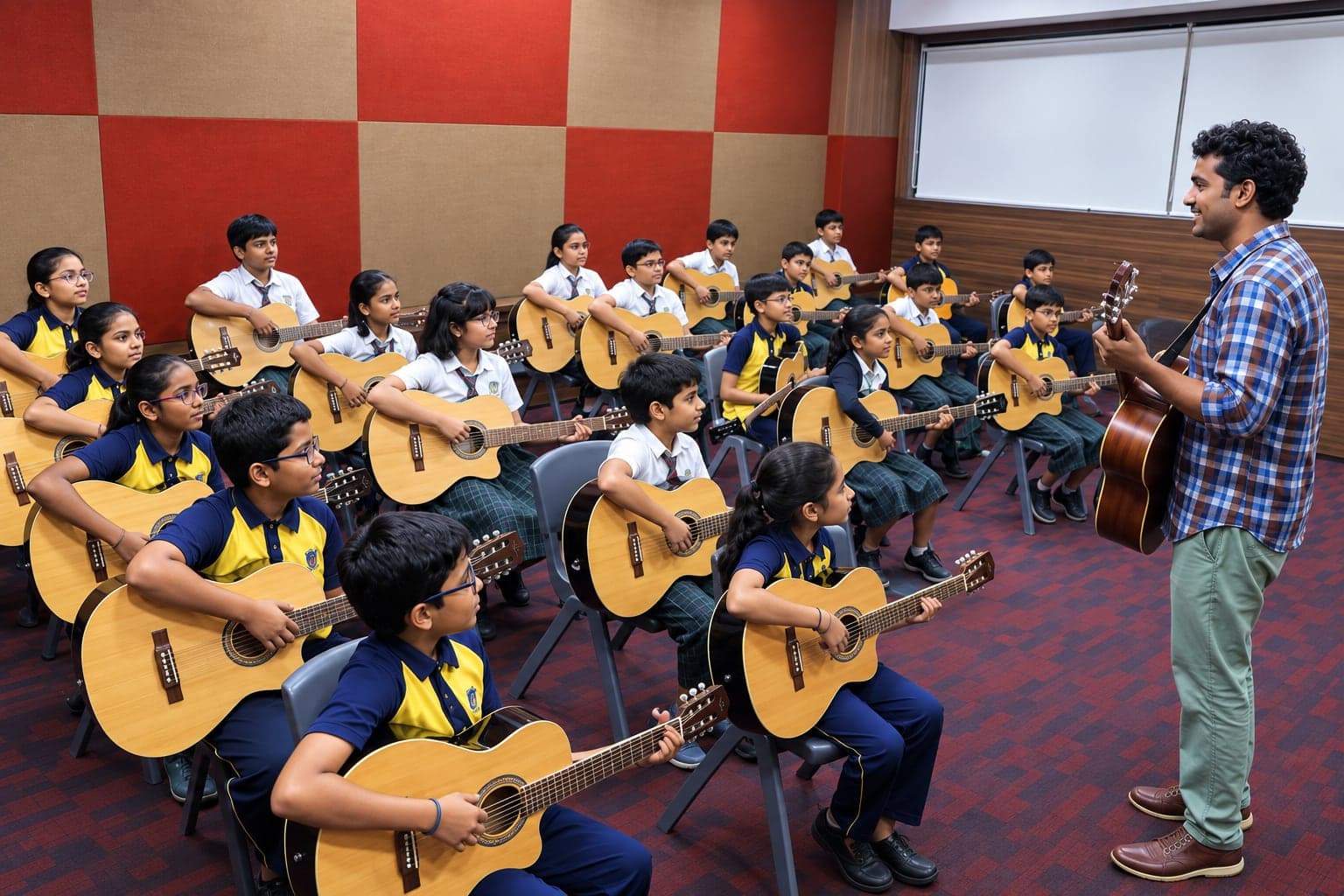 Students learning guitar in a music room