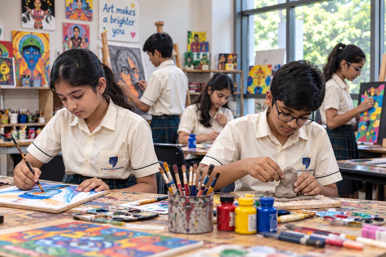 Students painting and sculpting clay in an art class