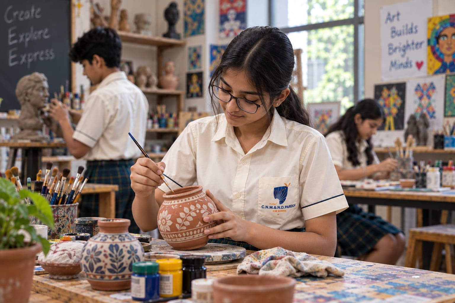 A student drawing with colours