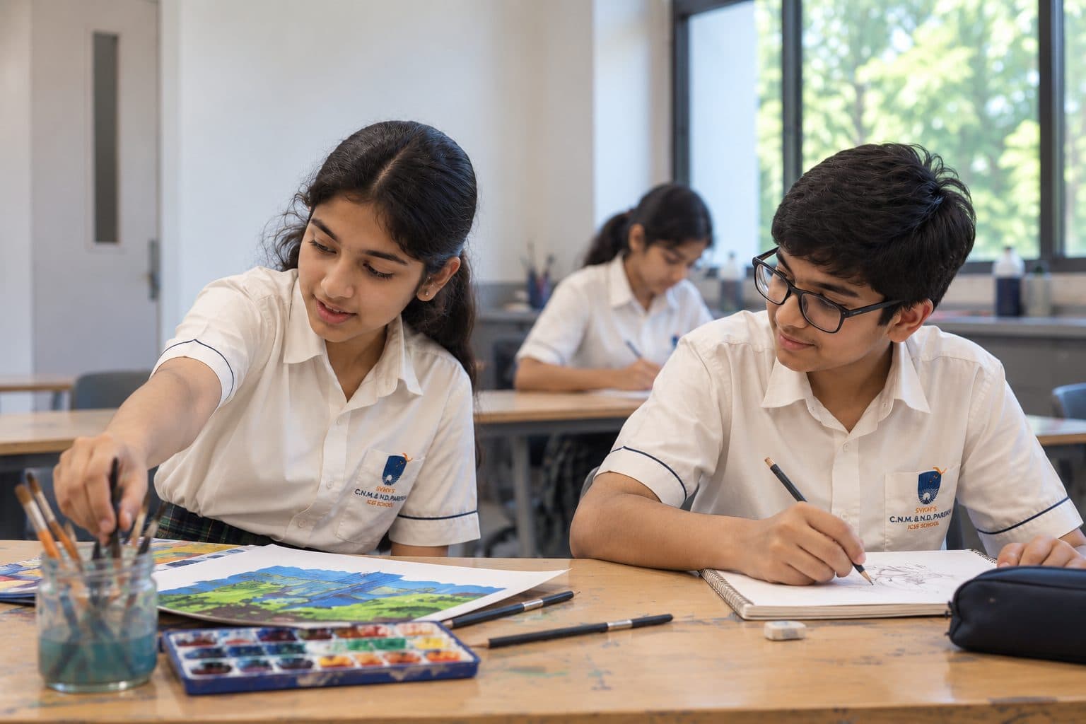 A student drawing with colours
