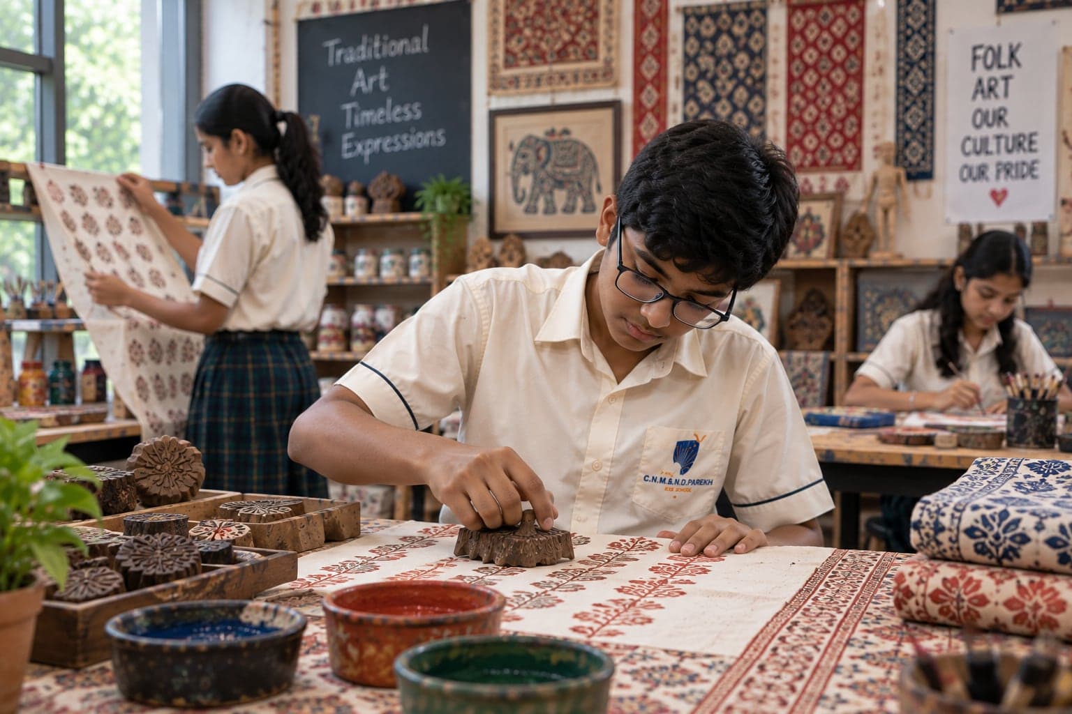 A student decorating a pot with folk art