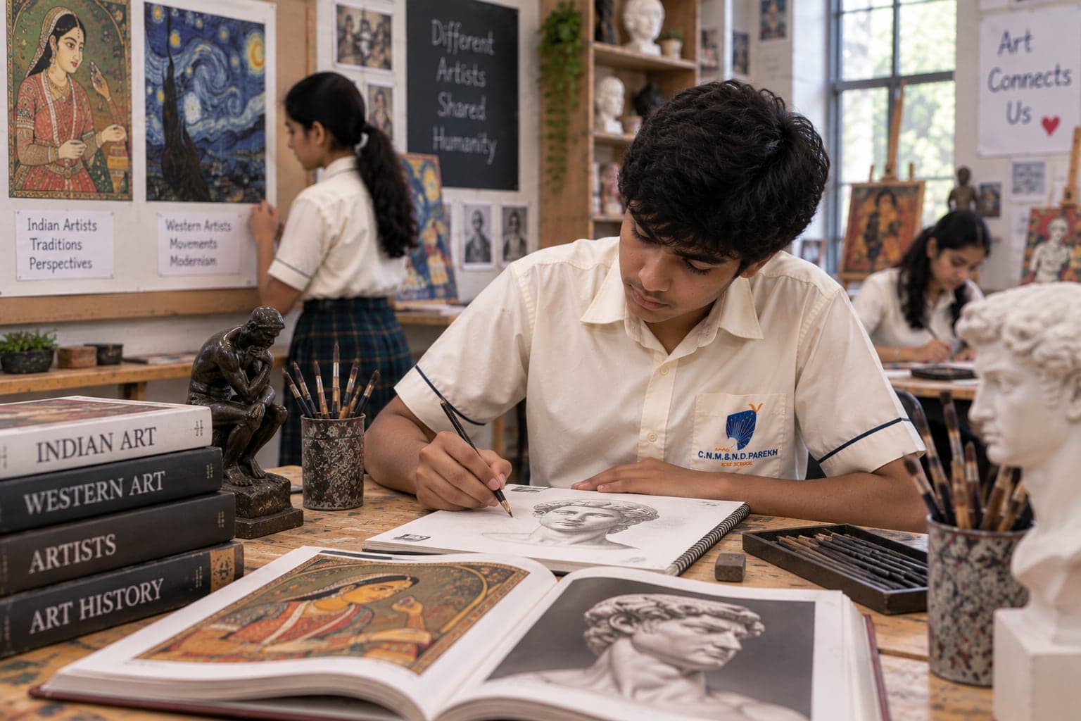 A student studying a book of famous artworks