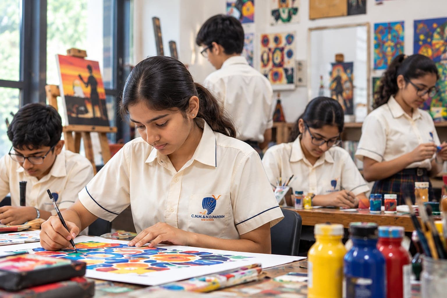 Students painting in an art class